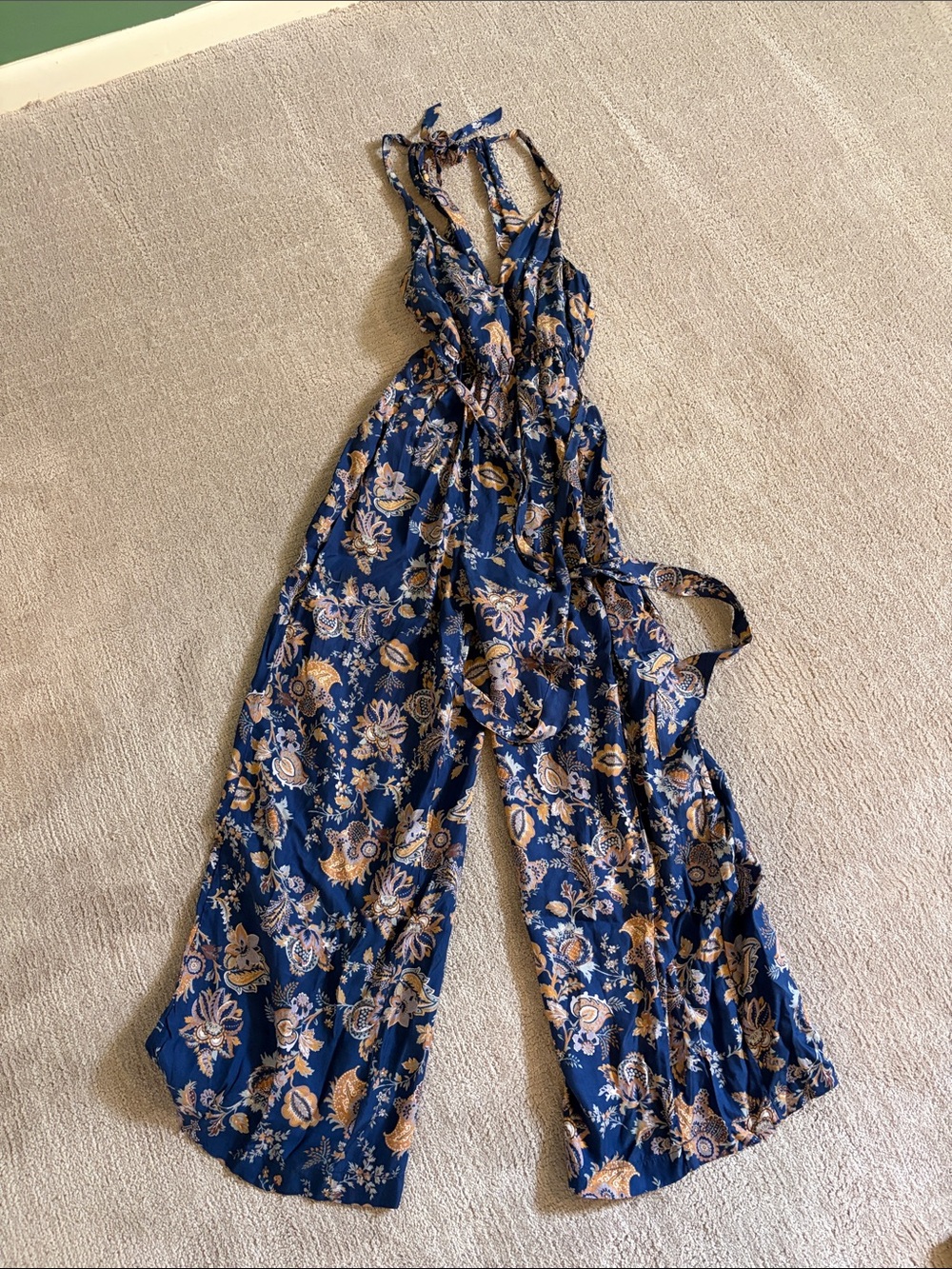 Anthropologie Navy Floral Tie-Strap Wide-Leg Jumpsuit